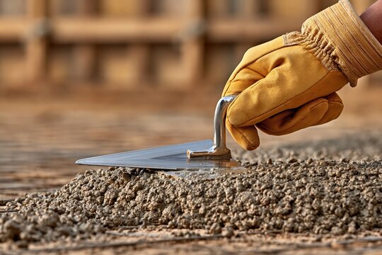 Construction worker smoothing fresh concrete with steel trowel tool