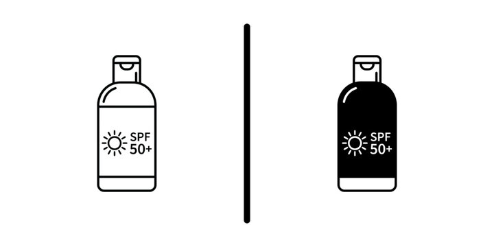 Title: SPF 50 sunscreen lotion bottle sun protection vector icon