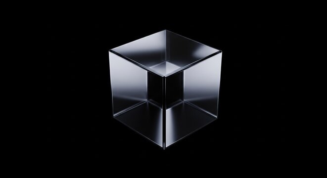 Transparent Glass Cube Rendered On Solid Black Background With Subtle Edges Refraction