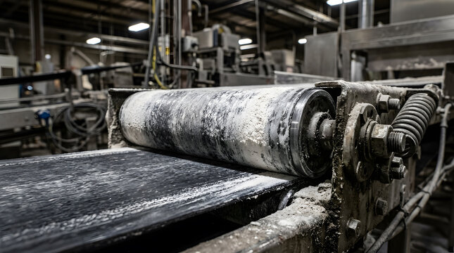 Close-up of a heavy-duty industrial conveyor belt system with a dusty roller and black rubber belt in a production factory, showing mechanical details like bolts and springs in a gritty workshop.
