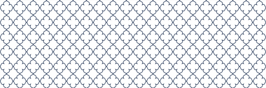 Seamless Moroccan quatrefoil pattern background with blue lines on white background.