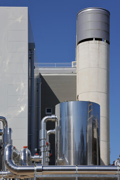 View of data centre cooling plant with insulated vessel and pipework