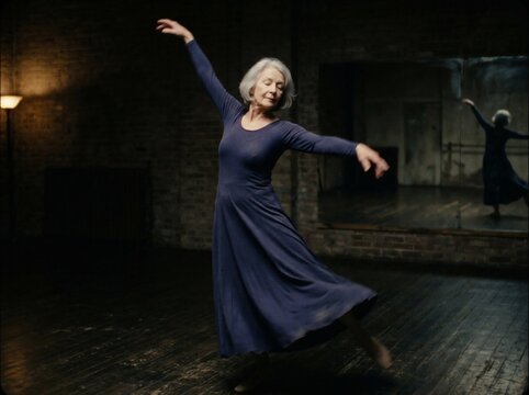 Graceful Senior Woman Dancer Performs Ballet in Dark Studio with Mirror Reflection