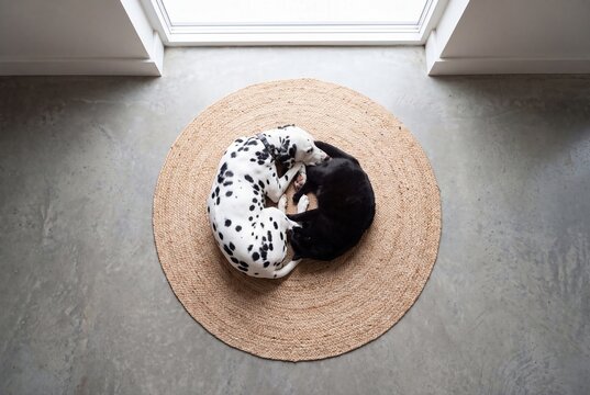 Dalmatian dog and black cat sleeping together on round woven rug top