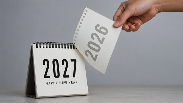 A hand turning the page of a desktop calendar to change the year from 2026 to 2027 to celebrate the happy new year season with a fresh start and planning for the upcoming future