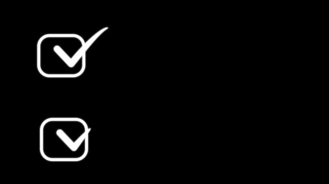 Animated double checkbox icon with tick mark on black screen, tick mark icon, successful symbol, yes, ok symbol animation, essential multi task completed sign overlay for marketing project.4k video