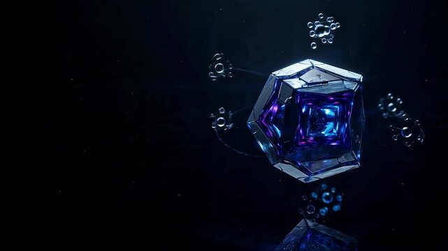 Futuristic technological geometric crystal core with glowing blue and purple energy surrounded by digital molecular structures floating in a dark cyberspace environment
