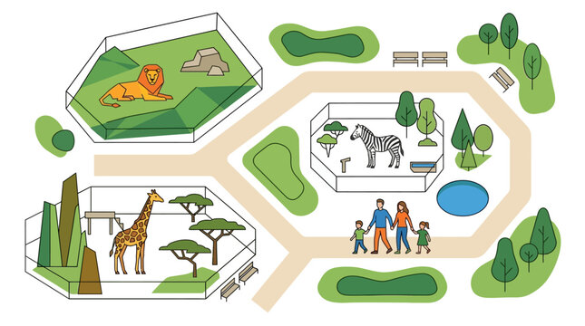 A colorful illustrated map depicts a zoo layout with various animal enclosures containing a lion, a zebra, and a giraffe, while a family walks along the pathways.