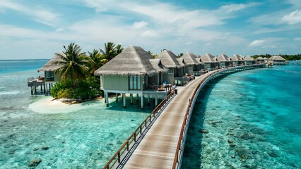 Fototapeta premium Tropical Overwater Bungalow Resort Surrounded by Crystal Clear Turquoise Lagoon