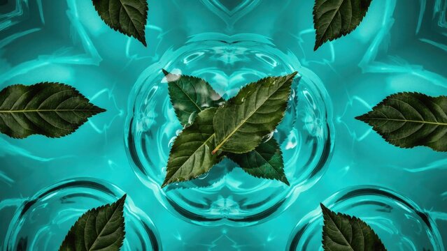 Green leaves floating on rippling turquoise water, symmetrical pattern
