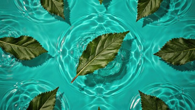 Green leaves floating on turquoise water with concentric ripples