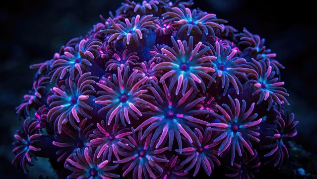 Macro close-up of glowing pink and blue goniopora coral polyps