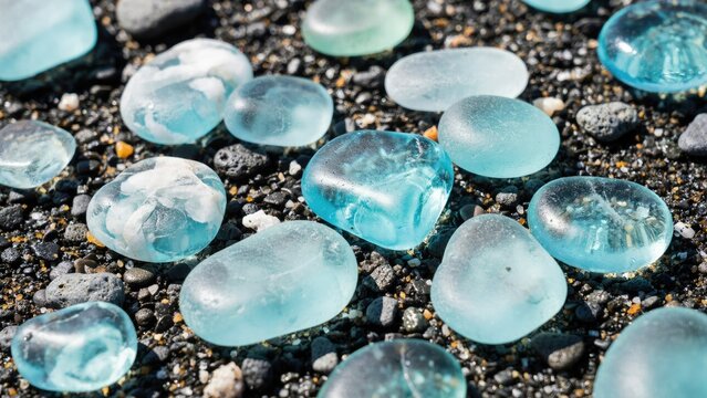 Smooth light blue sea glass pieces scattered on dark volcanic pebbles