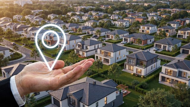 Hand holding a glowing location pin over a suburban neighborhood
