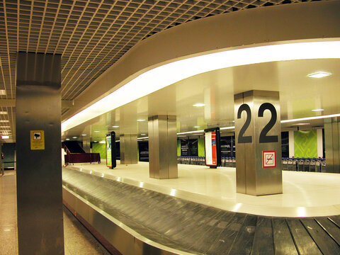 Arrivals. Baggage claim carousels inside the terminal of Lisbon Humberto Delgado International Airport. Lisbon is the capital of Portugal, in southern Europe