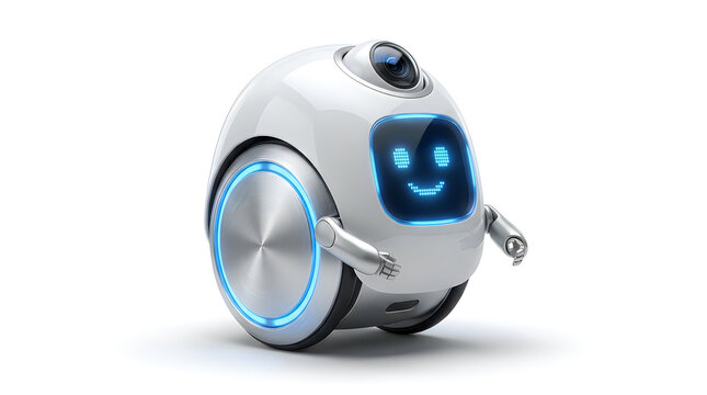 A high-quality 3D render of a cute, friendly personal assistant robot with a digital smiling face and a camera lens isolated on white background