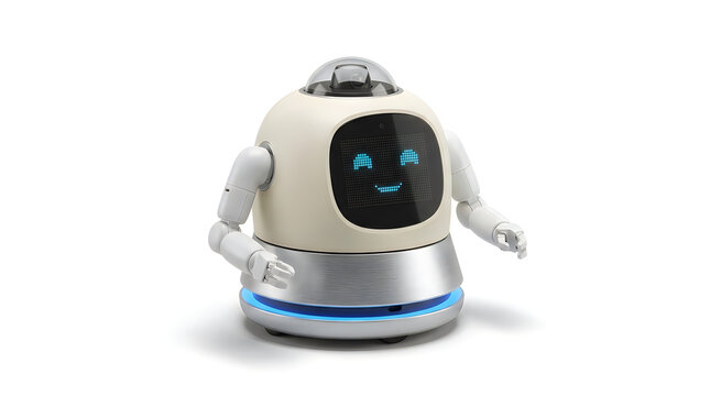 A modern friendly service robot with a digital smiling face and camera head isolated on a white background for technology concepts