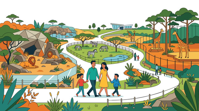 A diverse family walks through a sunny zoo park filled with various animal enclosures, trees, and walking paths in this vibrant flat illustration.