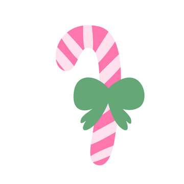 Pink candy cane with green bow vector illustration. Christmas peppermint sweet clipart isolated.