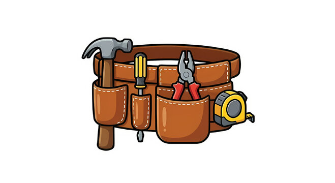 Leather tool belt loaded with construction instruments including hammer, screwdriver, pliers, and tape measure. Perfect for contractor vector art.