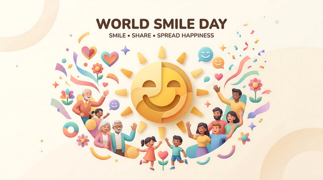 World smile day concept illustration with happy people and central smiling sun smiley face community friendship positivity kindness togetherness optimism
