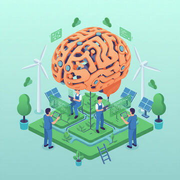 Isometric view of technicians managing a brain linked to wind turbines and solar panels for sustainable green renewable energy technology
