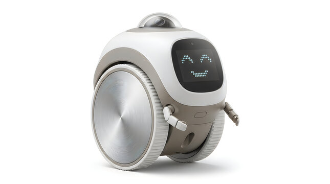 A modern smart home robot with a digital smiling face screen and camera lens moving on two wheels on a white studio background