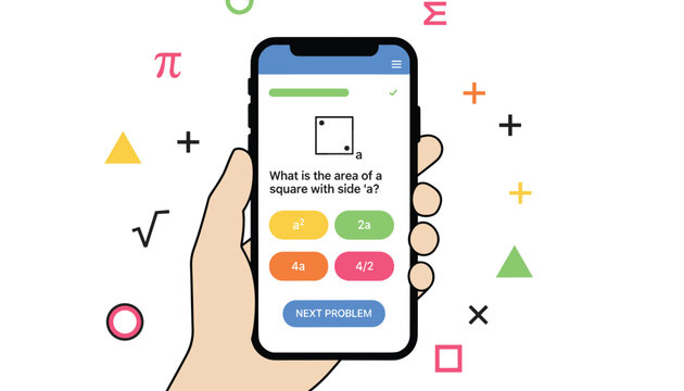 Hand holds a smartphone displaying a math quiz asking for the area of a square, with multiple-choice answers and surrounding math symbols.