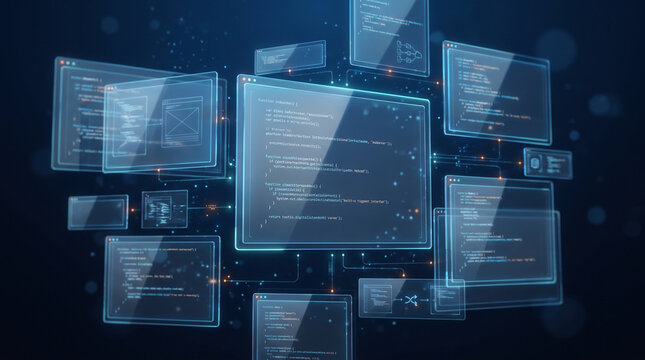 Software development and API integration concept featuring holographic glowing digital screens displaying programming code