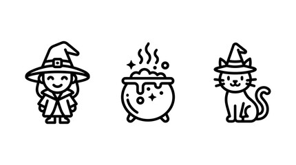 Fototapeta premium Set of minimalist witch icons including a smiling young witch woman a bubbling cauldron and a cat wearing a wizard hat in simple black outline style with cauldron isolated halloween whiskers