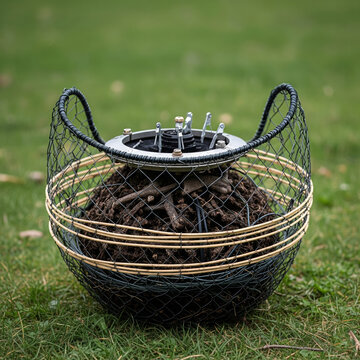 Wire Mesh Basket Filled With Soil And Roots Sitting On Green Grass Outdoors