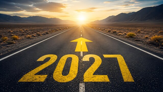 Year 2027 painted on an empty asphalt road with a yellow arrow pointing towards the bright sun rising over the horizon at dawn representing a new beginning and future success
