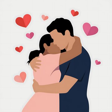 Couple in love embracing with floating hearts isolated on white background