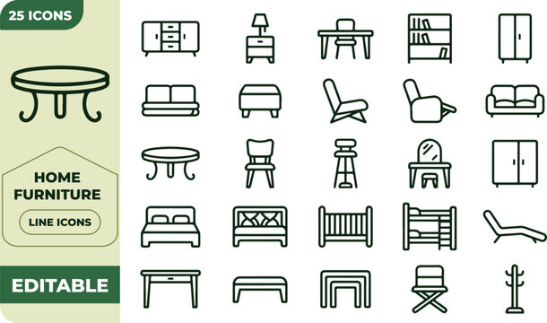Home furniture and interior decor line icons set. Sofa, table, chair, double bed, wardrobe, bookshelf, armchair, and living room thin line editable vector symbols.