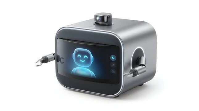 Modern futuristic smart home assistant robot with a digital screen face and mechanical arms isolated on a white background for tech concepts