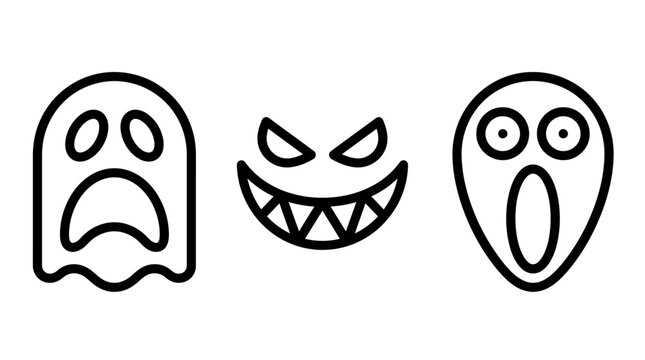 Set of outline halloween icons featuring a screaming ghost an evil grinning smile a frightened ghostly face halloween mythical supernatural festival celebration decoration minimalist