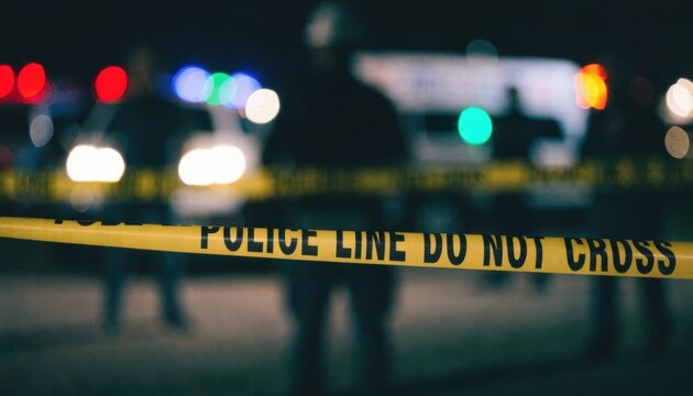 Yellow police tape with "police line do not cross" text in blurry nighttime scene