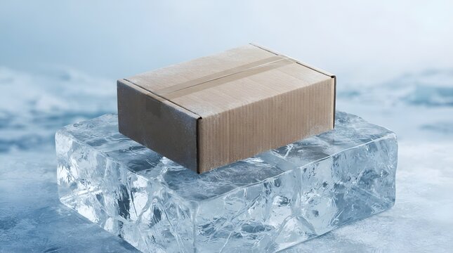 A small cardboard shipping box resting on a large block of clear ice against a blue background