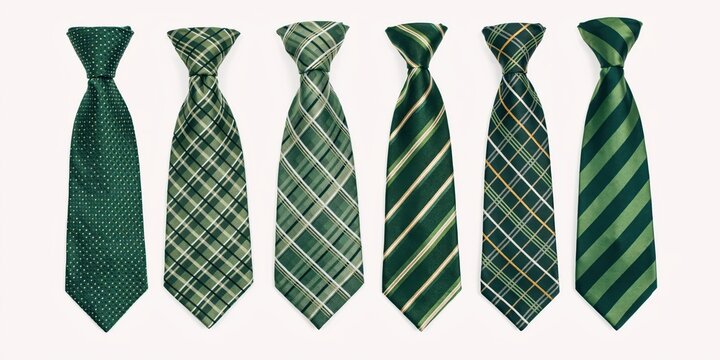 Six different green neckties isolated on white background