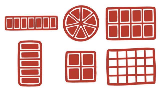 Chocolate bars and segments arranged in geometric shapes showcase different portion sizes for confectionery packaging design.