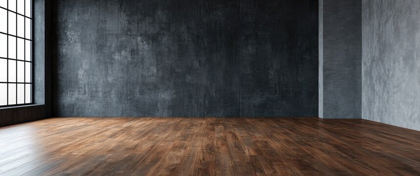 Empty loft space with dark textured walls and warm wooden floor