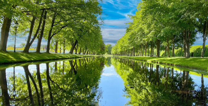 View of a tranquil canal lined with lush green trees reflecting in the calm water under a bright blue sky in Mecklenburg-Vorpommern, Germany.
