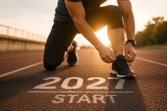 A young athlete tying shoelaces on a running track with the year 2021 and the word start written on the ground during a beautiful sunny morning to represent new goals and success