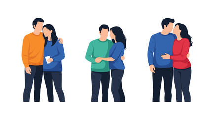 Fototapeta premium Flat vector illustration showing young couples in love embracing, holding hands, and kissing on a white background.