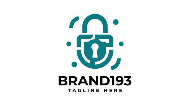 Minimalist digital security lock logo design featuring abstract cyber elements.