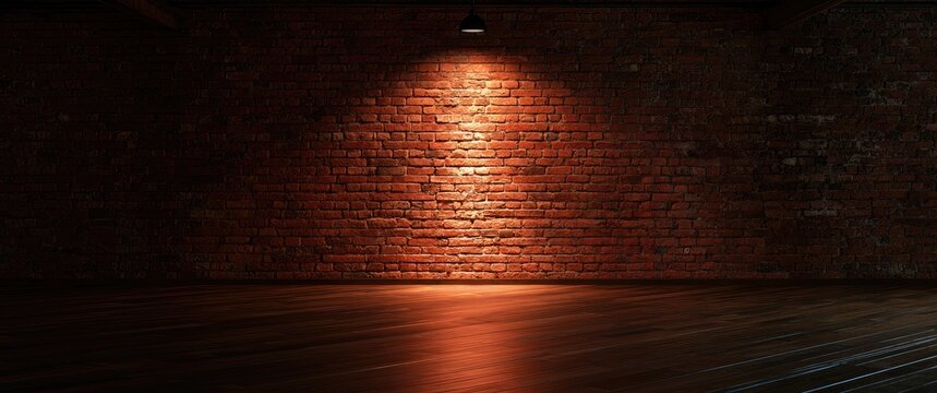 Spotlit red brick wall and polished wooden floor in a dimly lit room