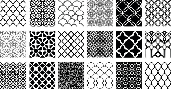 Set of seamless geometric patterns, traditional islamic and oriental decorative tiles, vector illustration