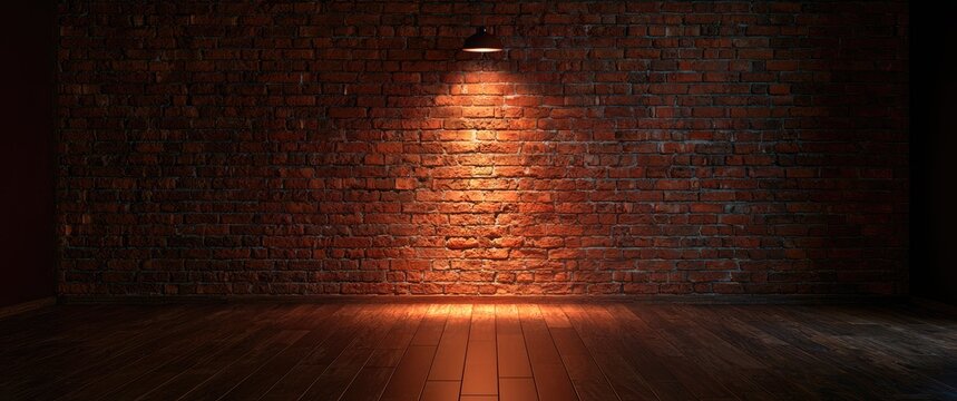 A single lamp illuminates a brick wall and wooden floor in darkness