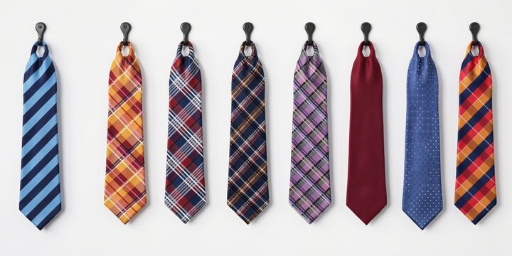 Set of eight colorful neckties hanging on hooks isolated on white background