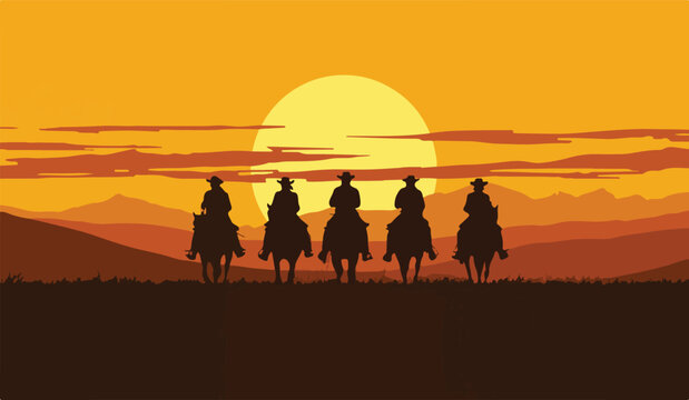 Silhouette of Five Cowboys Riding Horses at Sunset in a Wild West Desert Landscape with Mountains, Vibrant Orange Sky and a Large Golden Sun Vector Illustration for Background.